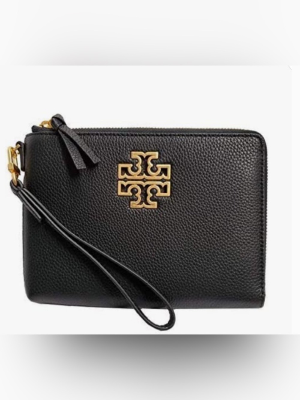 Tory Burch Black Leather Wristlet with Gold Logo Accent